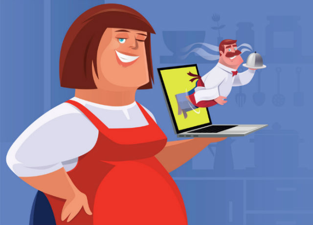 Cartoon woman with apron holding a laptop that has a chef flying out of it