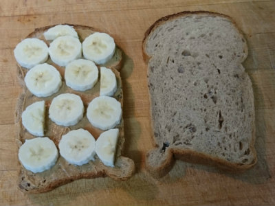 Sandwich with peanut butter and banana slices